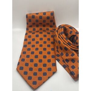 Ermenegildo Zegna Men's Orange Silk Neck‎ Tie Blue Squared Dots Italy